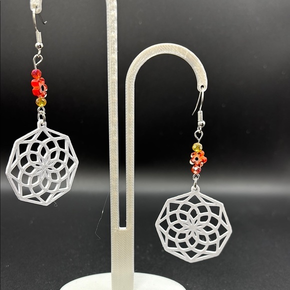 White with Orange Mandala Earrings with Beads - Picture 6 of 6